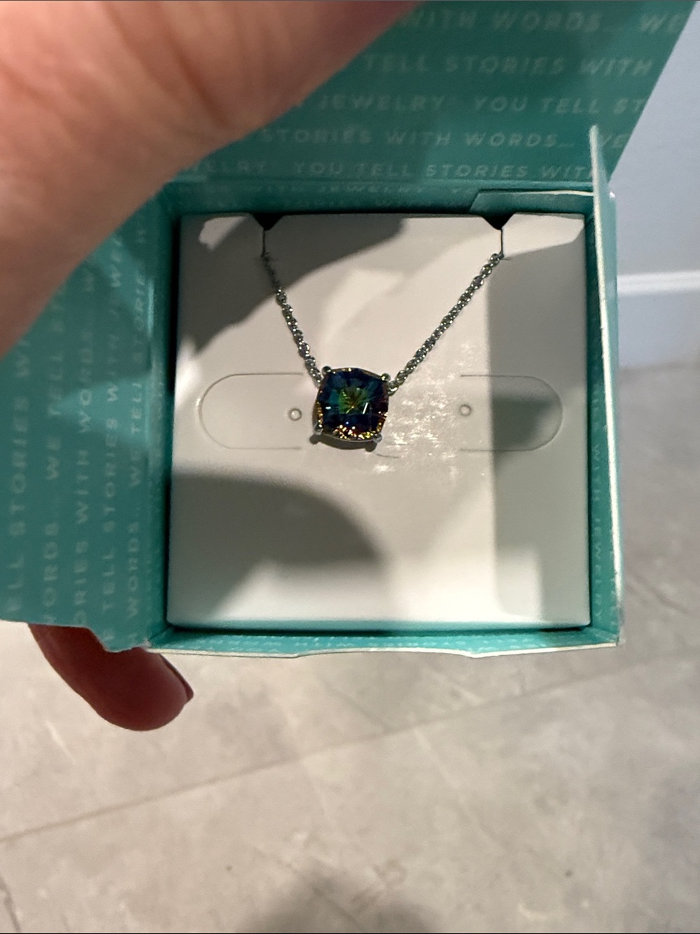 Origami Owl Iridescent Blue-Green Cushion Necklace - Silver Tone